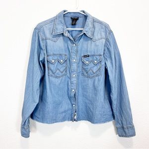Wrangler Retro Denim Frayed Long Sleeve Snap Western Shirt Size Large